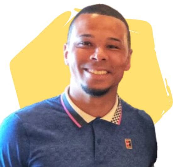 Charlie Davies, Former member, U.S. Men's National Team, in front of a yellow hexagon.